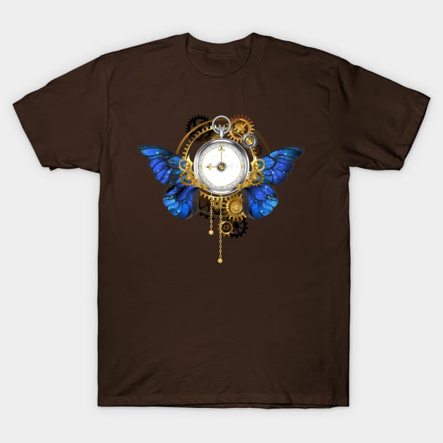 Clock with Blue Butterfly Wings T-Shirt by Blackmoon9